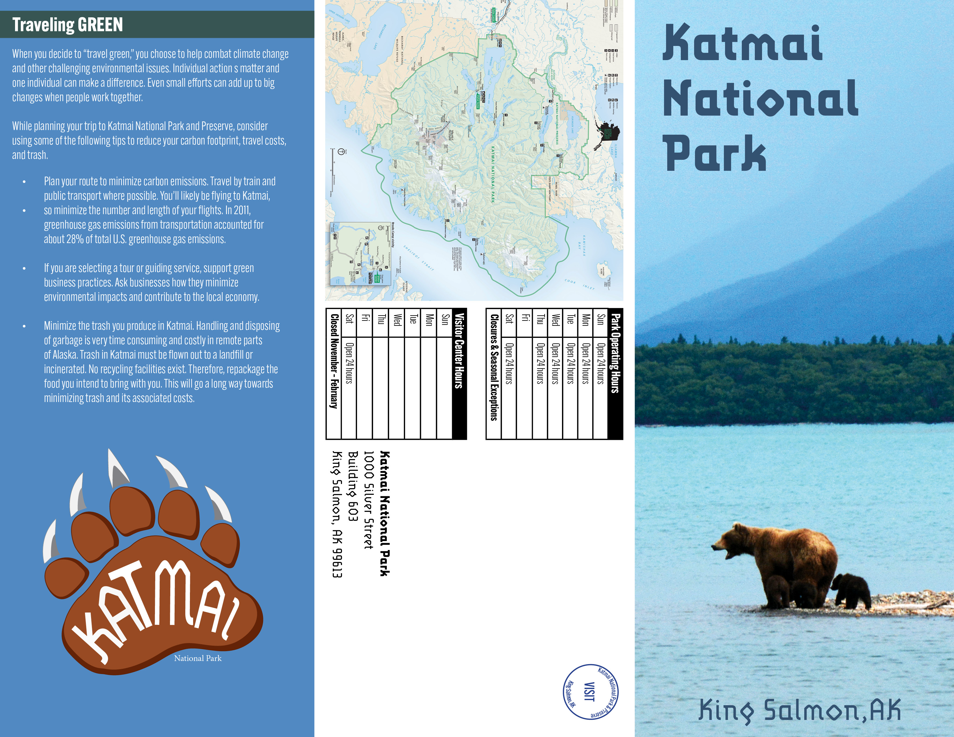 For this project, I had to design and create a logo, and brochure, for a national park. The national park that I choose we Katmai National Park, which is in King Salmon, AK. After researching the park, I found out that this park was known for all the wild bears that lived and roamed in the park, so I decided to base my logo around them. I created different mockups with different fonts, and illustration, to determine which logo I would use. Once the black and white logos where created, I added color to make to logo standout.