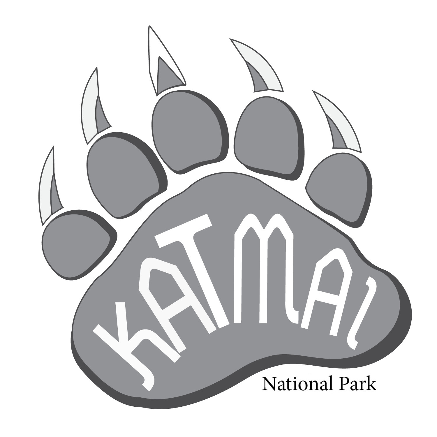 This is the white Katmai National Park logo, of the black and white logos, that I created in Illustrator. It has a Bear paw pad with nails, and the words “Katmai Nation Park” in it.