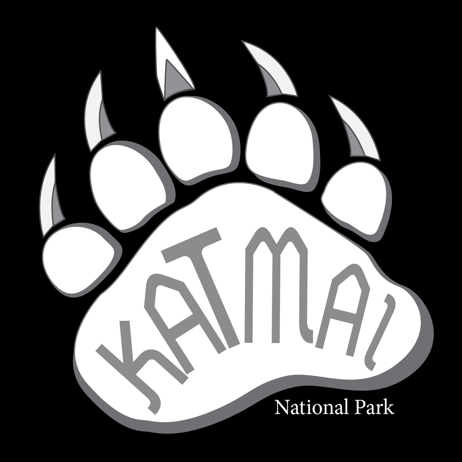 This is the black Katmai National Park logo, of the black and white logos, that I created in Illustrator. It has a Bear paw pad with nails, and the words “Katmai Nation Park” in it.