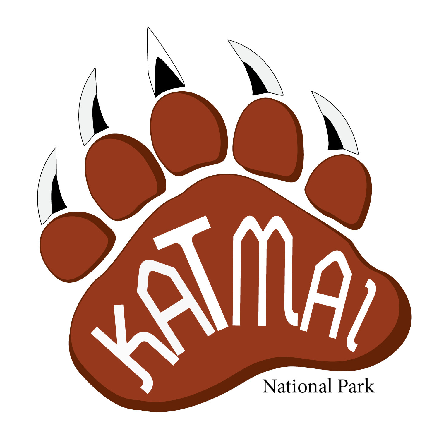 This is the Katmai National Park color logo that I created in Illustrator. It has a Bear paw pad with nails, and the words “Katmai Nation Park” in it.