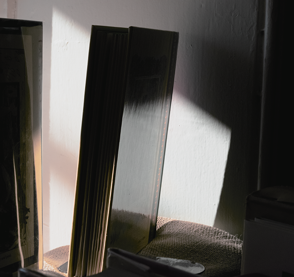 This is a silhouette of a book on a self. The book is black with orange and tan colors due to the sunlight.